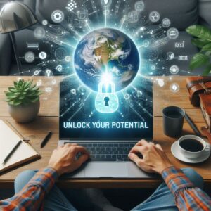 laptop with the Earth and a lock image projected and the words "Unlock Your Potential"