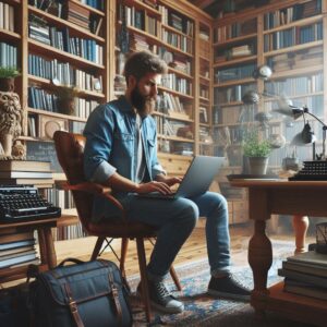 bearded man typing on a laptop in an office with bookshelves in the background